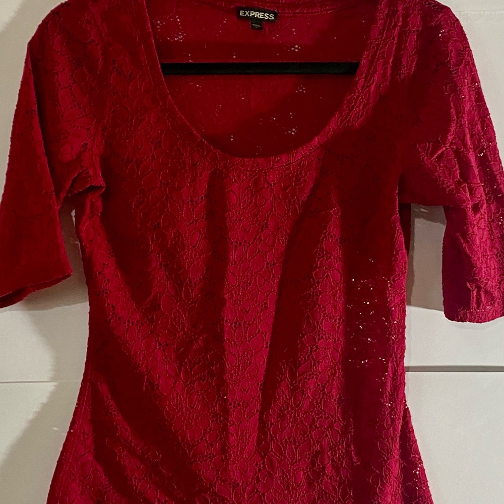Women’s Short Sleeve Red Floral Lace Feminine Classic Work Office , Size Small